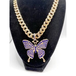 Jennifer & Co Gold NWT Chunky Rhinestone Chain Necklace Blue‎ Butterfly Pendant